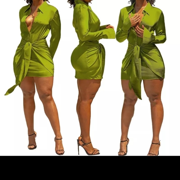 L.A.Charms Dresses Springsummer 222 Green Satin Long Sleeve Shirt